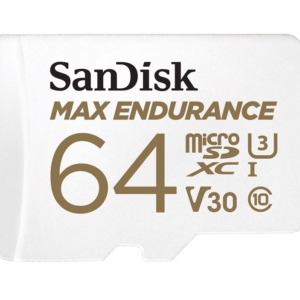 SanDisk Max Endurance 64GB microSD 100MB/s 40MB/s 20K hrs 4K UHD C10 U3 V30 -40°C to 85°C Heat Freeze Shock Temperature Water X-ray Proof SD Adapter