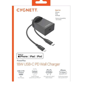 [LS] Cygnett PowerPlus 18W USB-C PD Wall Charger + Lightning Cable (1.5M) - Black(CY3079POPLU)