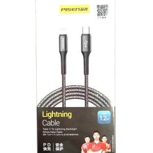 PISEN Braided Lightning to USB-C PD Fast Charge Cable (1.2M) Black -Supports 2.4A