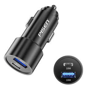 PISEN 36W Dual Port (USB-C 18W PD + USB-A 18W QC) Fast Car Charger Black - Intelligent Charging