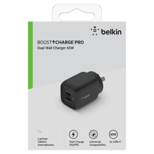 Belkin BoostCharge Pro Dual USB-C GaN Wall/Laptop Charger with PPS 65W - Black(WCH013auBK)