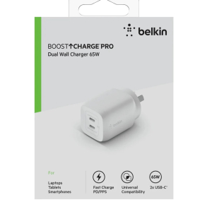 Belkin BoostCharge Pro Dual USB-C GaN Wall/Laptop Charger with PPS 65W - White(WCH013auWH)