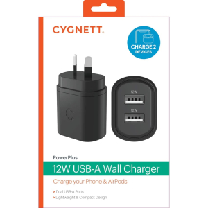 Cygnett PowerPlus 12W USB-A Dual Port Wall Charger - Black (CY3672PDWLCH)