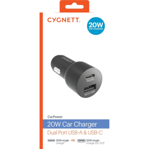 Cygnett CarPower 20W Dual Port Car Charger with 20W USB-C PD + 20W QC 3.0 - Black(CY3637CYCCH)