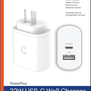 Cygnett PowerPlus 32W USB-C PD Dual Port Wall Charger - White (CY3614POFLW)