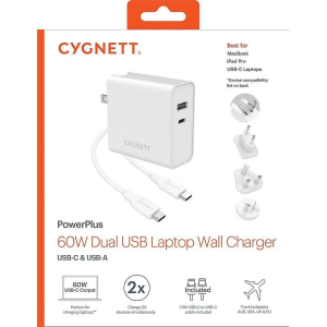 Cygnett PowerPlus 60W Dual Wall Charger (USB-A  USB-C PD) + USB-C Cable(1.5M) + Travel Adapters - White(CY3090POPLU)