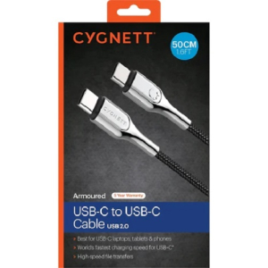 Cygnett Armoured USB-C to USB-C (2.0) Cable (50cm) - Black(CY4362PCTYC)