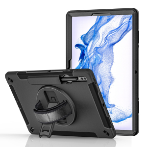 Pisen Rugged Samsung Galaxy Tab S8+ / Tab S7+ / Tab S7 FE (12.4") (SM-X706/X700/ T736/T733) Case Black-Adjustable Hand Strap