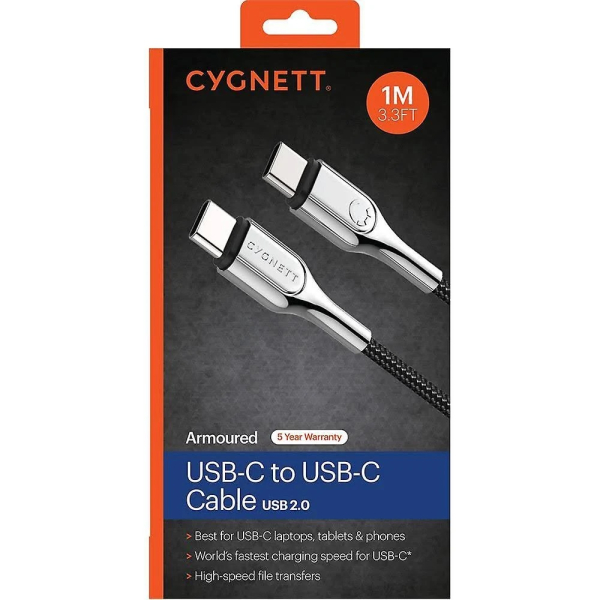 Cygnett Armoured USB-C to USB-C (2.0) Cable (1M) - Black (CY2677PCTYC)