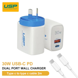USP 30W Dual Ports (USB-C PD + USB-A QC3.0) Fast Wall Charger + USB-C Cable (2M) - Safe Charge
